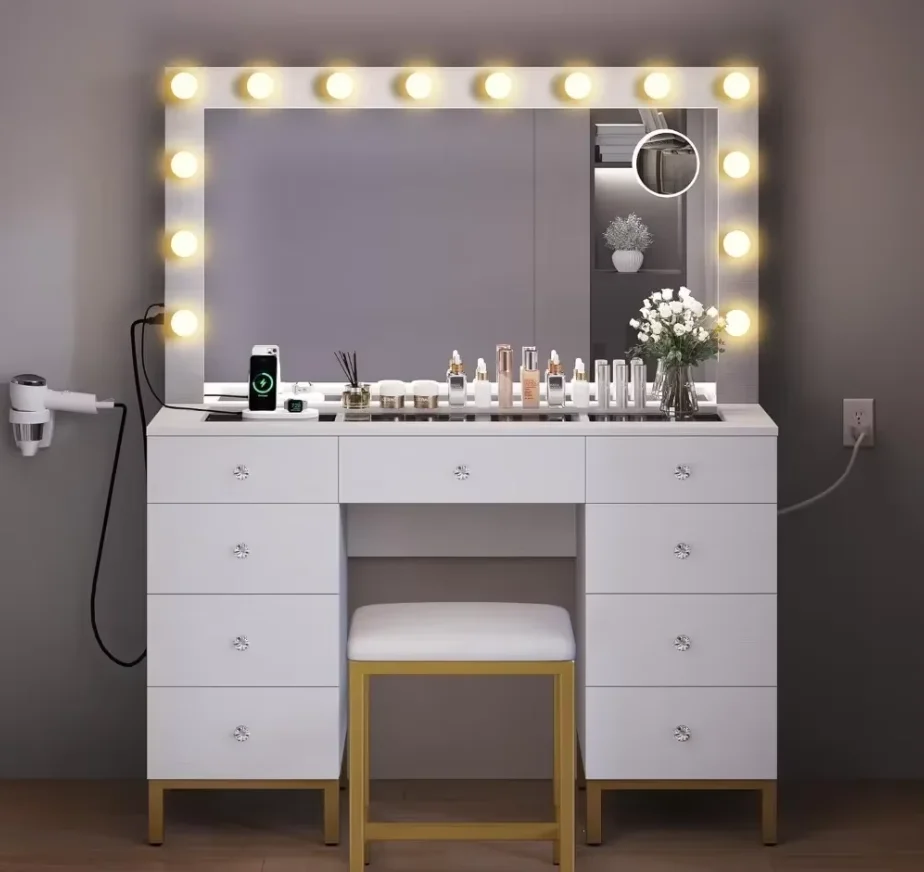 Large Glass Top Vanity Makeup Mirror Desk Crystal Handle 3 Color Lighting Modes 9 Drawers Magnifying Glass White Dresser Table