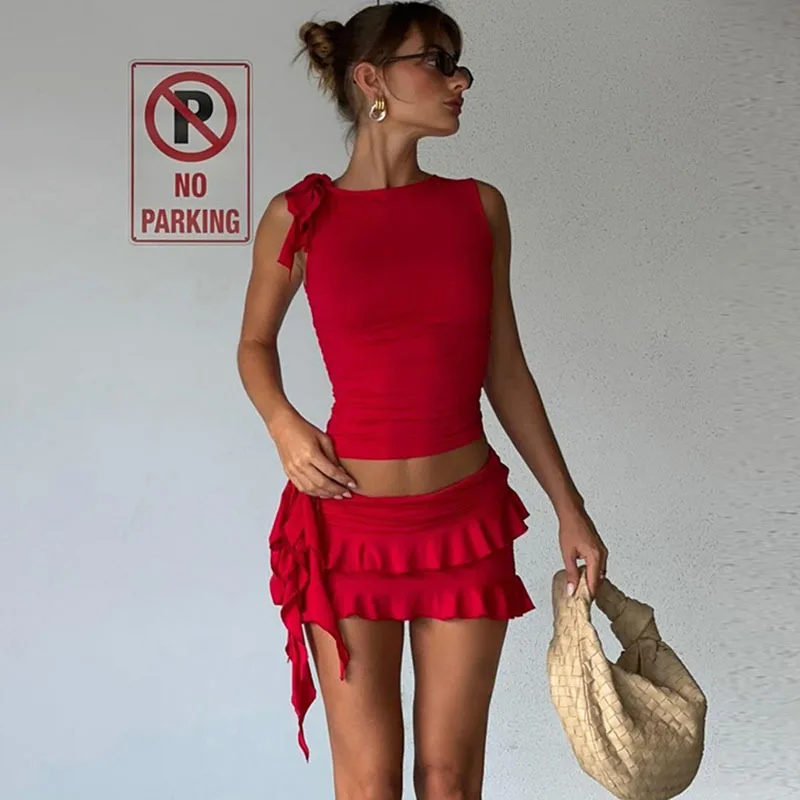 Apprabant Red Skirt Set Sleeveless Round Neck Open Umbilical Small Tank Top Slim Fit Wooden Ear Edge Wrapped Hip Skirts Suit