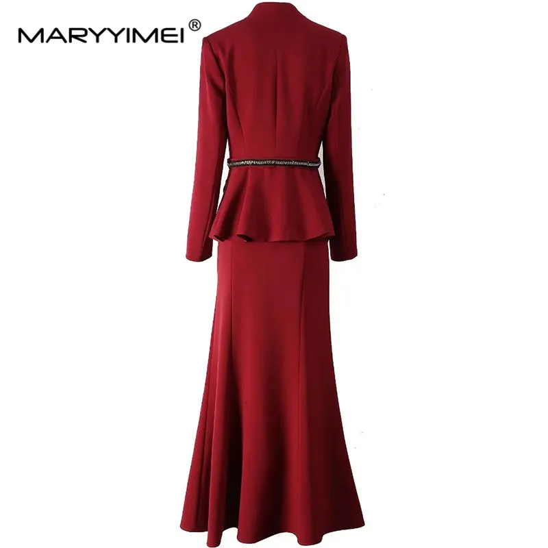 MARYYIMEI Women's Autumn Suit V-Neck Long sleeve Double Button Beading Sequins Tops+plain color skirt 2-piece set