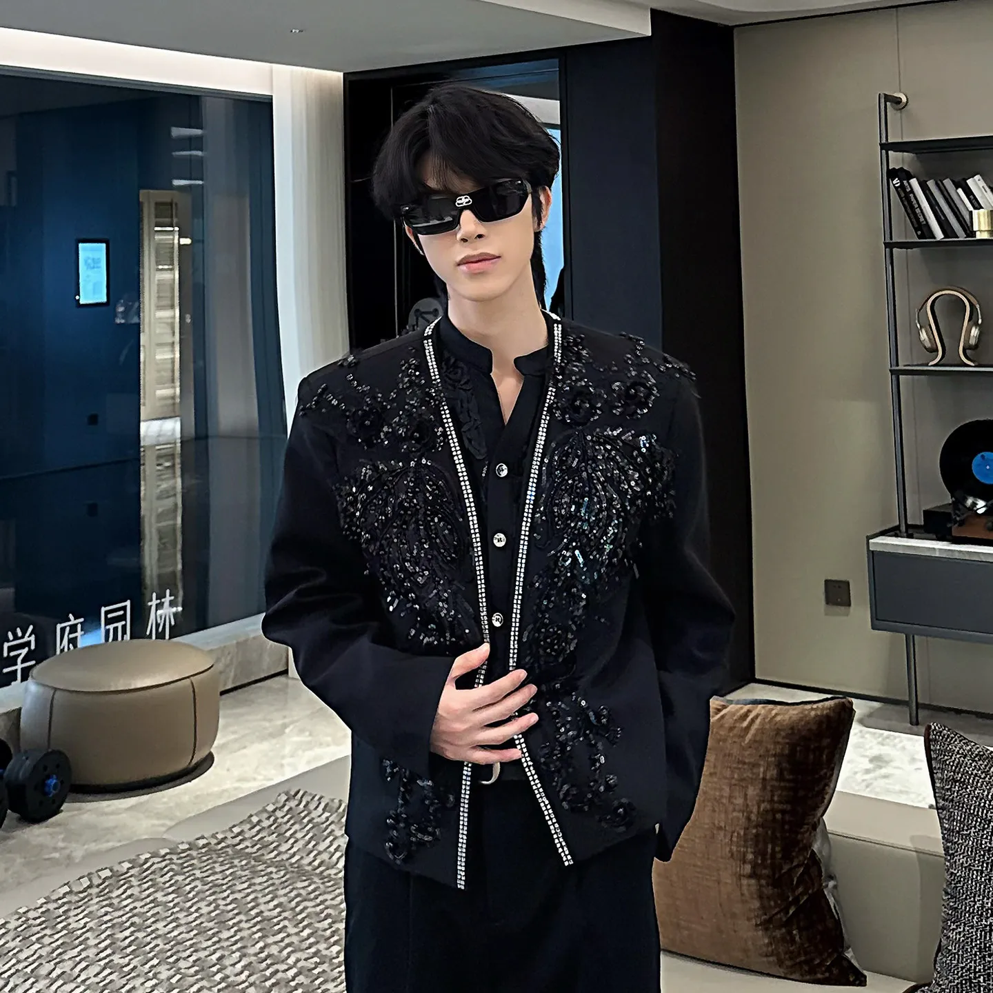 Men's Black Jacket with Sequin Embroidery and Accents for Night Performances and Refined Alternative Fashion Styling