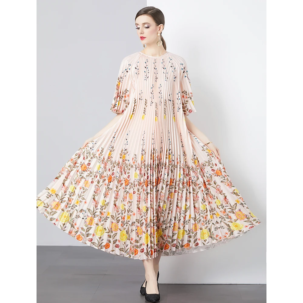 กระโปรงพลีททรงเอไลน์ยาวปานกลาง รุ่นใหม่ ปี 2024 จีบแบบ Dr Accordion เอวสูง ลายดอกไม้ ผ้าโพลีเอสเตอร์