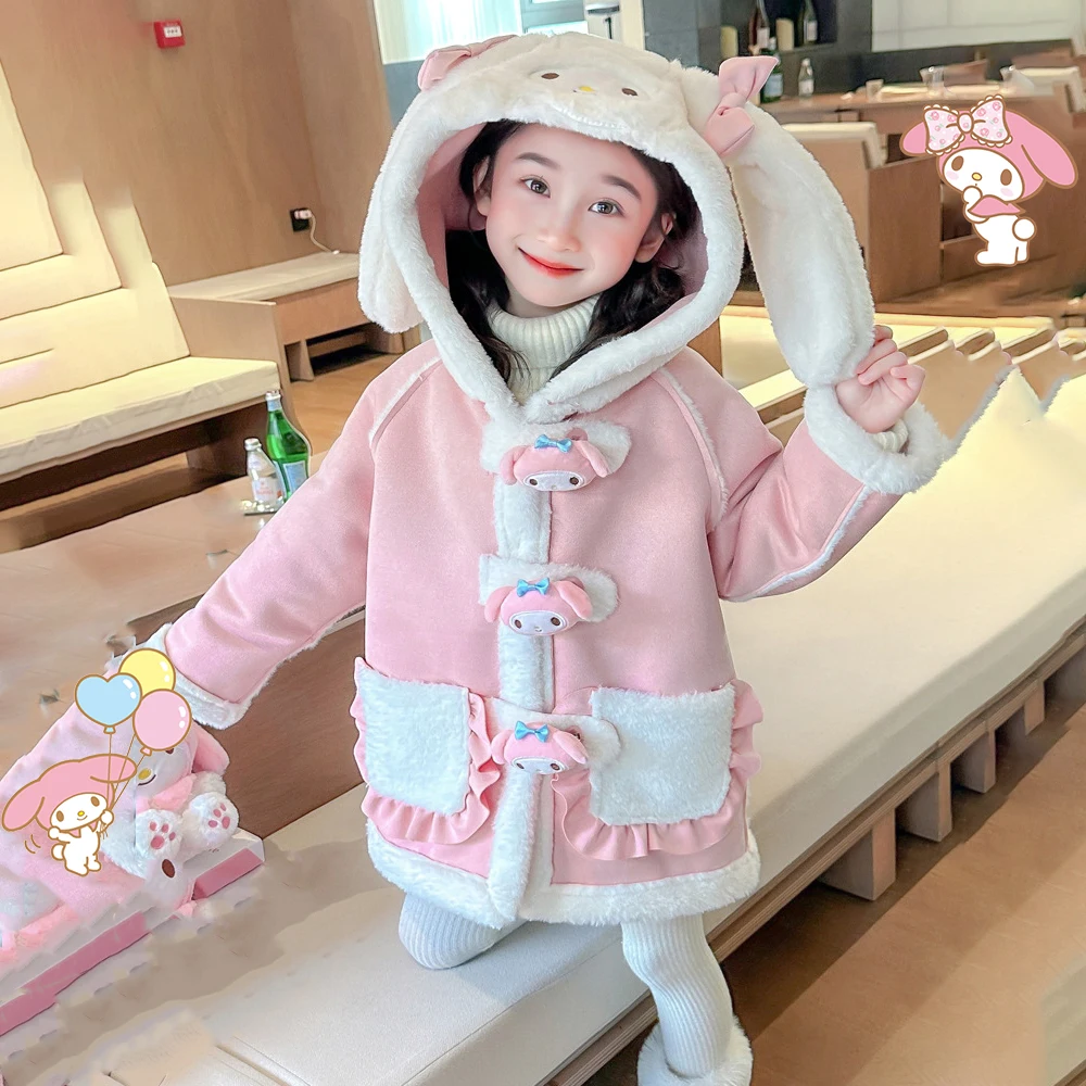 Anime Kawaii My Melody Kids Jacket Sanrios Winter New Cute Fashion Cartoon Fashion Girl Pink Long-Style Hooded Suede Warm Top