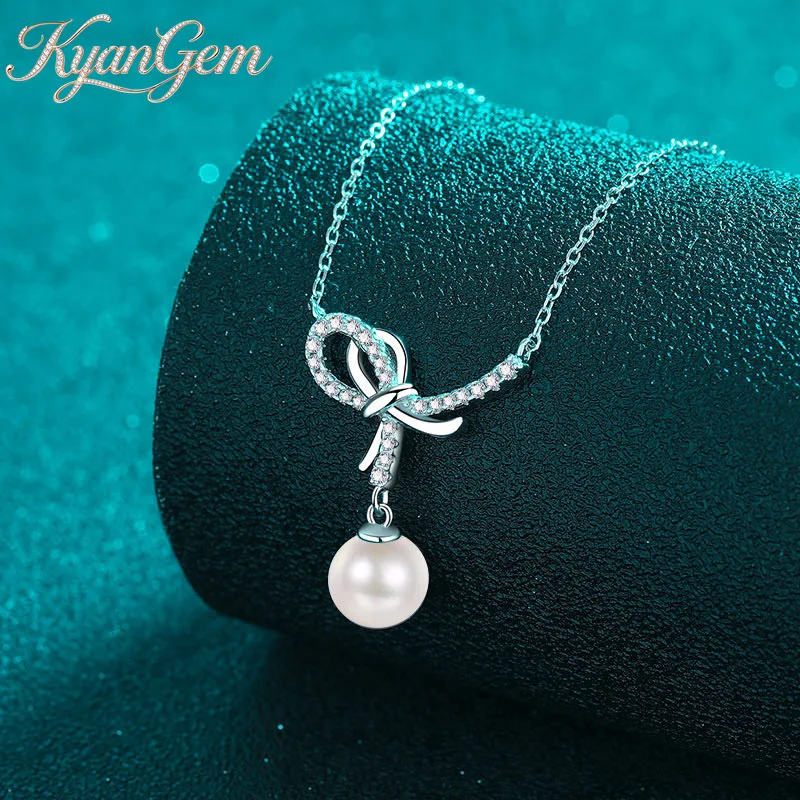 KyanGem Platinum PT950 Inlaid With D-color Moissanite Pearl Necklace For Women, Bow Pendant Sweet Collarbone Chain