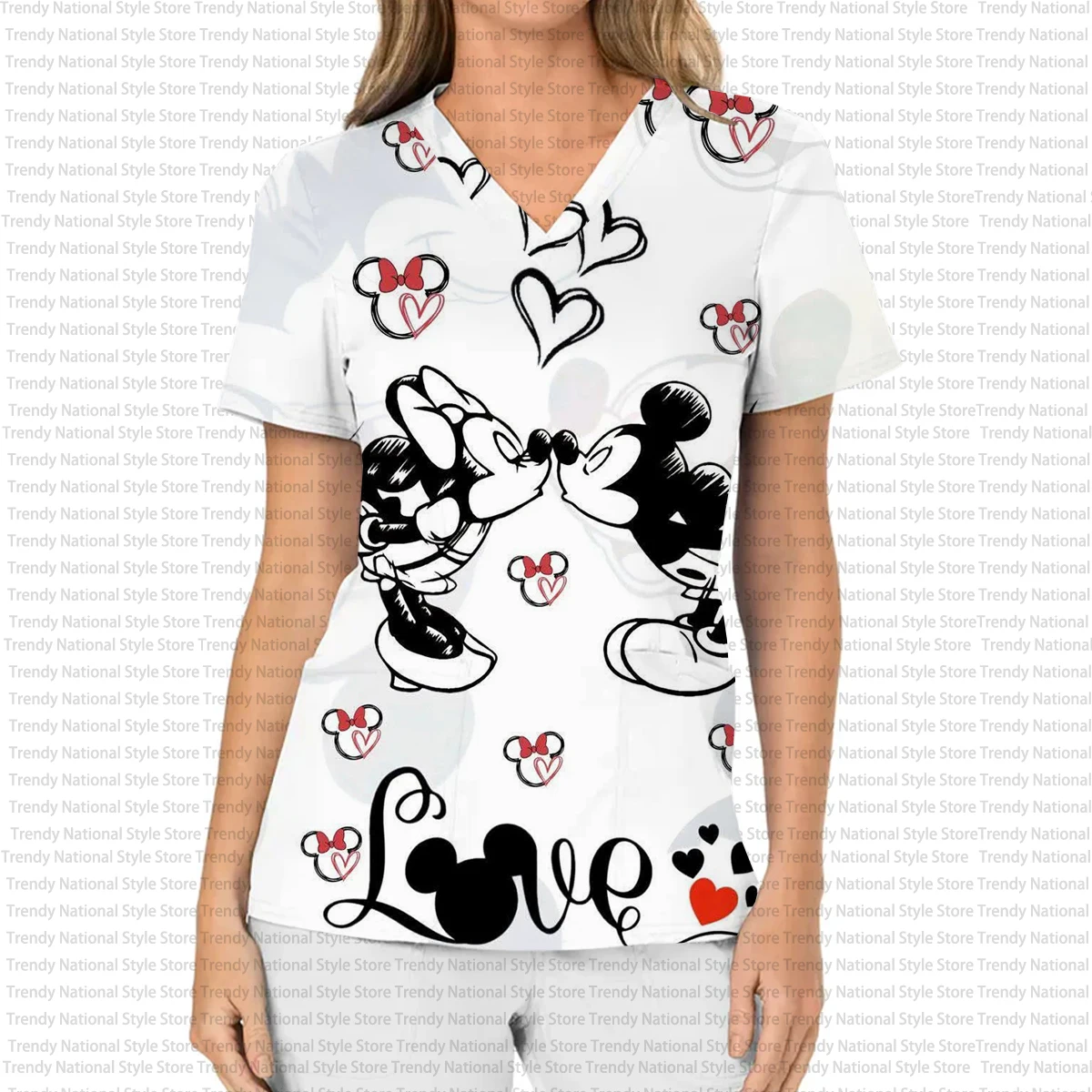 Novo verão feminino enfermeira uniforme impresso com decote em v fosco topo com disney mickey e minnie mouse-hospital/animal de estimação loja camiseta