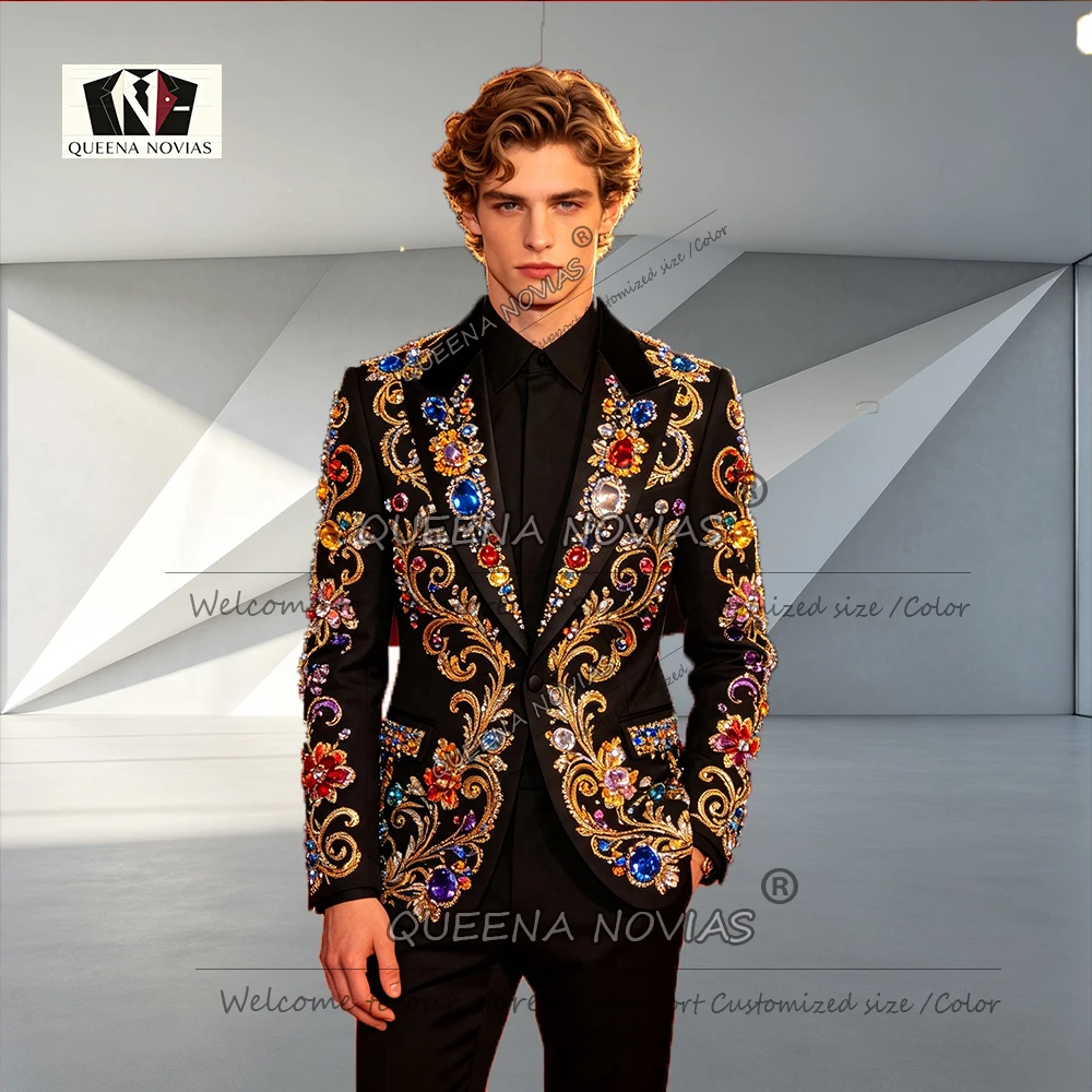 Luxury Men's Suit For Wedding Colorful Diamond Beading Sequin Prom Blazer Pants 2 Piece Sets Groom Tuxedo Customized Male Attire