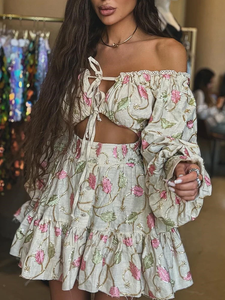 

Short Sexy Women Dresses Lace Off The Shoulder Summer Dress with Lantern Sleeve Sexy Cut Out Dress Elastic Waist