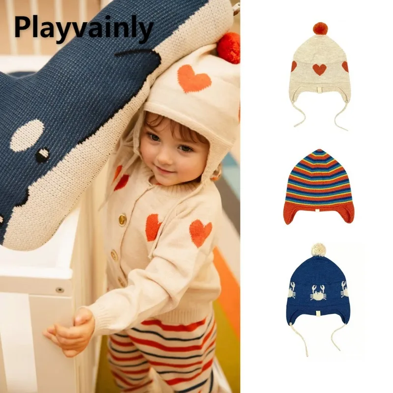 

Детская осенне-зимняя новая вязаная теплая ветрозащитная шапка для защиты ушей с игривым сердечком, милая детская кепка унисекс с героями мультфильмов W5260