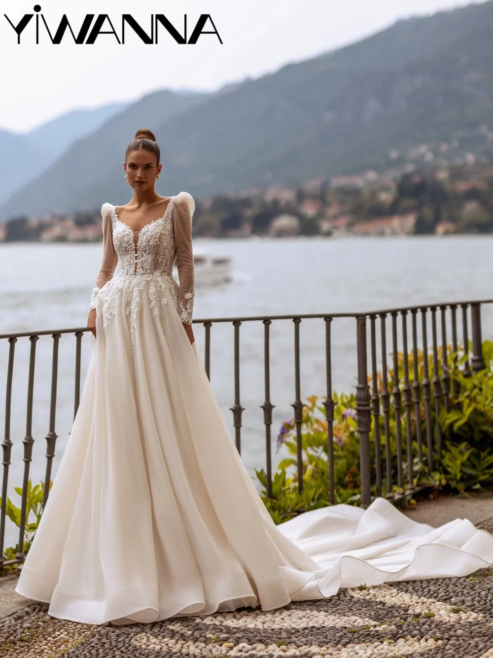 

Glimmering Embroidery Beaded Wedding Dress With Train Dreamy Puff Sleeve Bridal Gown Customized A-line Long Dresses For Bride