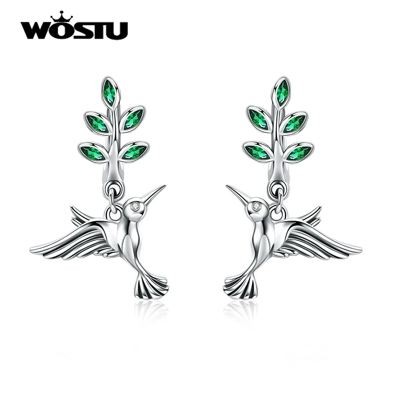 WOSTU 100% Real 925 Sterling Silver Green Leaves & Birds Stud Earrings for Women Birthday Forest Style Fresh Jewelry Gift CQE464