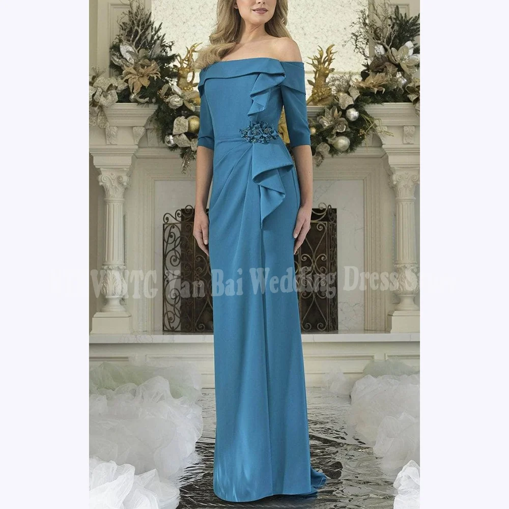 Prachtige galajurken 2025, halve mouw, off-shoulder, chique applicaties, plooien, gedrapeerde zeemeerminjurk, vloerlengte avondjurk