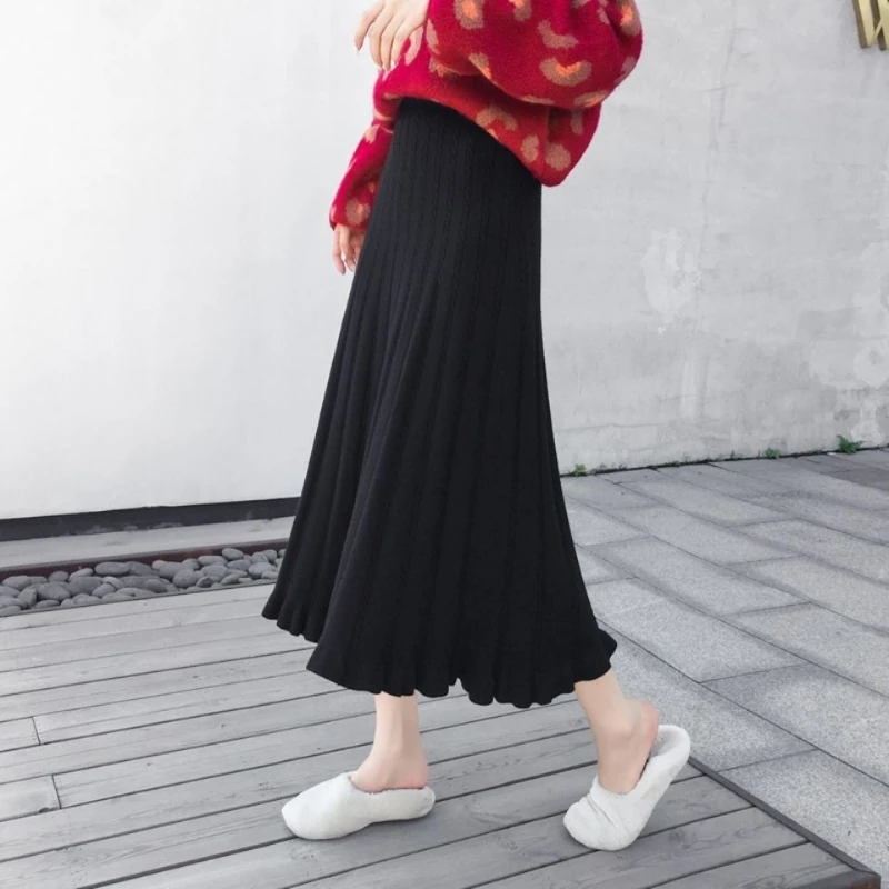 Elastic Waist Black Knitting Maxi Skirts For Woman 2024 Elegant Fashion Winter Warm Sweater Saias Longas