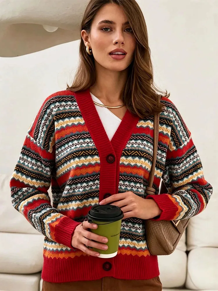 Gestrickter Gerippter V-Ausschnitt Jacquard-Cardigan für Damen, Eleganter Langarm-Cardigan mit Einzelknopfleiste, Paneelen und Loser Passform, Schicke Damen-Streetwear – Detail 5