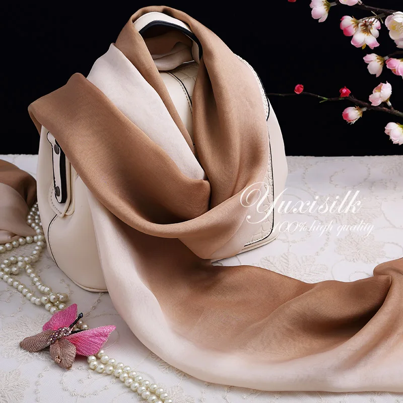 

Coffee Rice Gradient Color 100% Silk Long Scarf Women's Shawl Spring, Autumn, Winter and Summer All-Matching