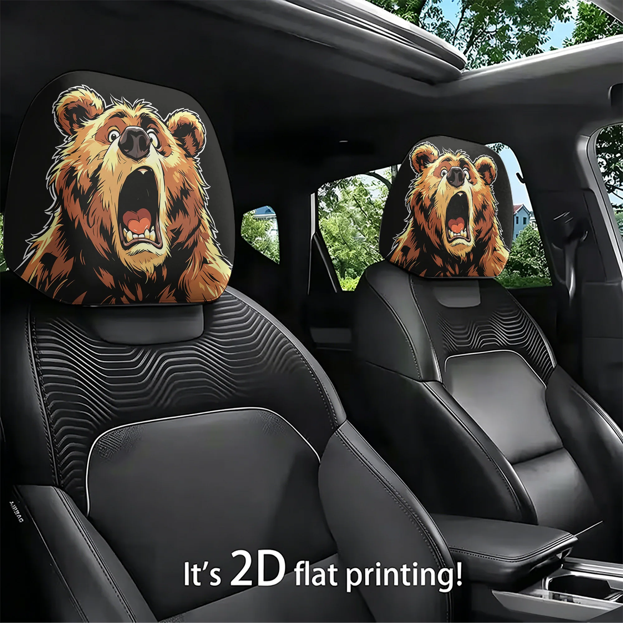 2pcs car headrest covers featuring a bear with a surprised expression, giving your car’s interior more personality. Does not inc