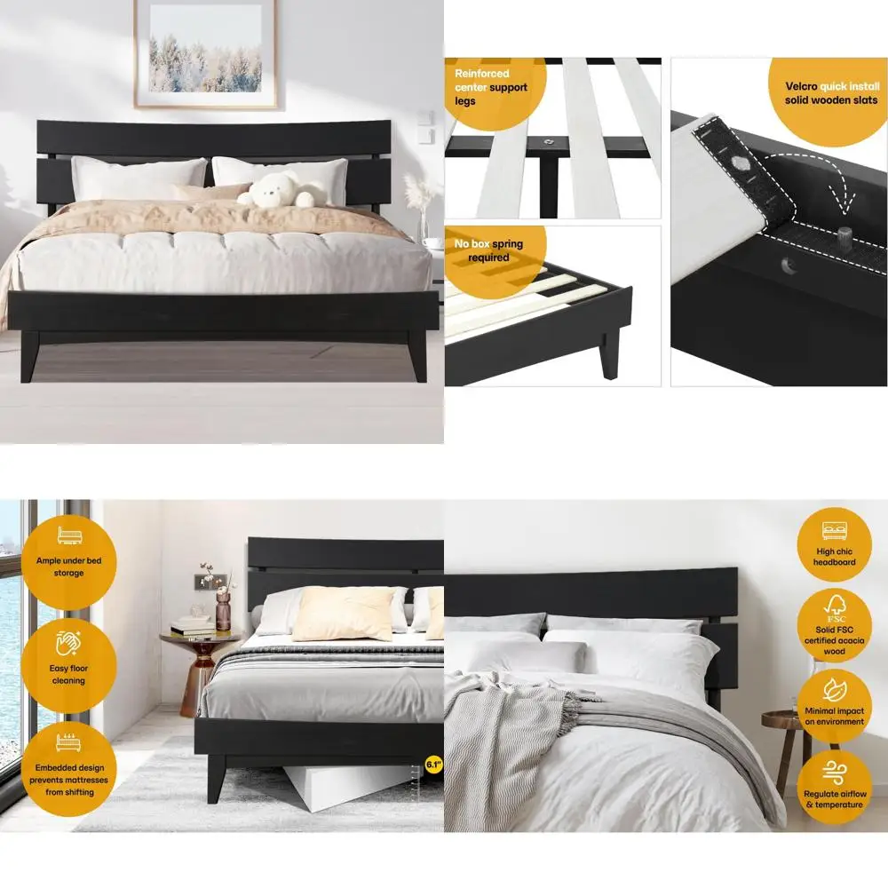 

King Size Acacia Aurora Solid Wood Platform Bed Frame with Headboard, Easy Assembly, No Box Spring Needed, Supports Up to 800 lb