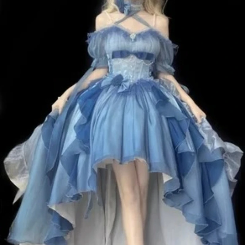 Blue‑Floral Wedding‑Style Lolita OP Gown, Heavy‑Train Puffy Princess Dress with Rose‑Bow for Cosplay Banquet Photoshoot Dress‑up