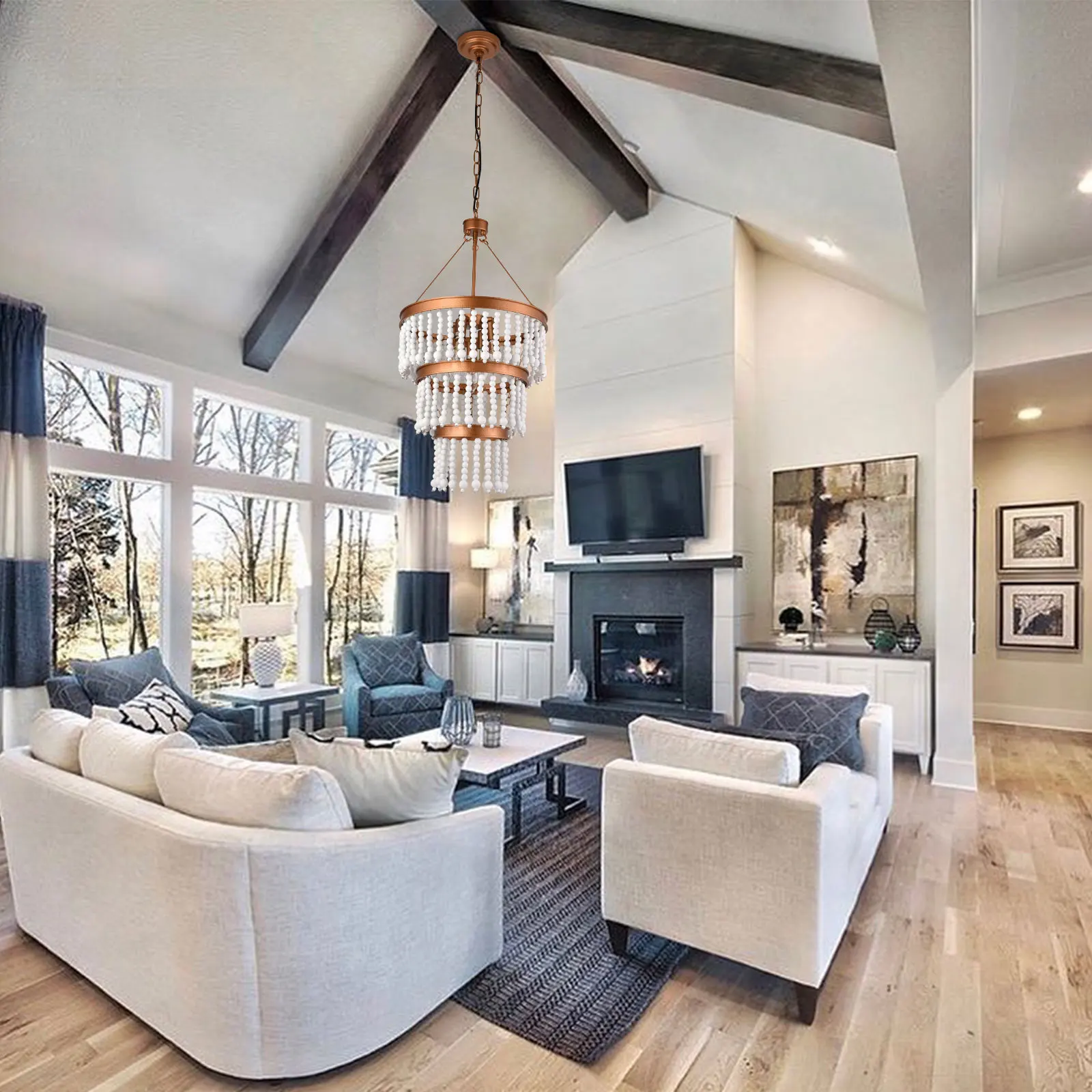 TS-HSLT-650 Lampada a sospensione con perline di legno in oro - Diametro 16 pollici * Altezza 29,5 pollici, lunghezza catena 59 pollici - Senza sorgente luminosa E12 * 5-