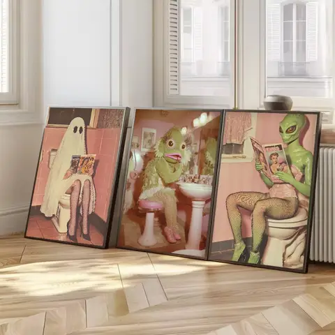 Alienígena engraçado e estranho no banheiro, fantasma lendo jornal, pôster estético, pintura em tela, imagens de parede, decoração de casa