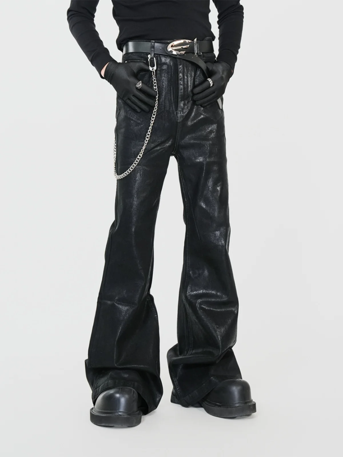 

VE2 Advanced Wax Fini Elastic Flared Jeans Men High Street Slim Fit Long Pants Vintage Floor-Length Pants Youth Faion