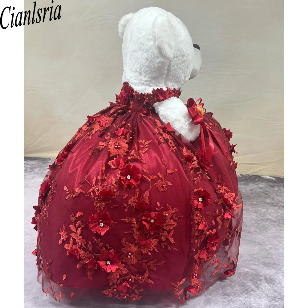 Burgundy Personalized Quinceanera Teddy Bear Dress Lace Applique Beaded Custom Made Little Teddy Bear Dress customsized
