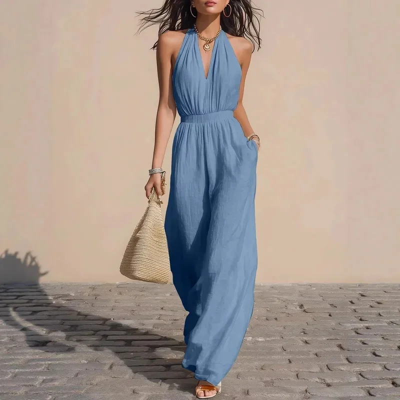 Summer New Casual Wide Leg Romper Women's Solid Halter Neck Backless Jumpsuit Sexy Deep V-Neck Elastic Waist Sleeveless Jumpsuit