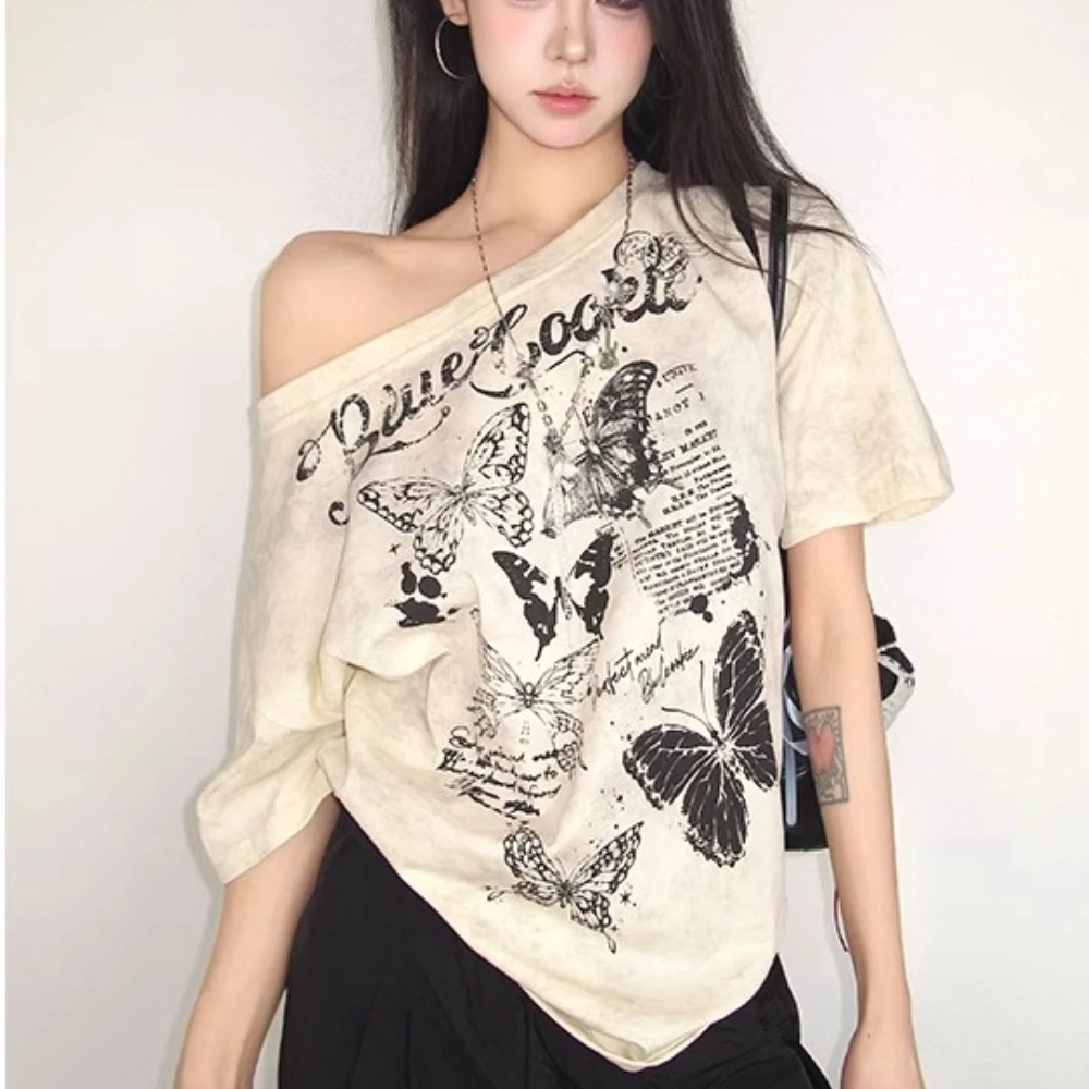 

Женская футболка 2025 года Y2k, винтажная футболка с открытыми плечами, коротким рукавом и принтом, женские повседневные летние топы с бабочками, футболки, летняя мода