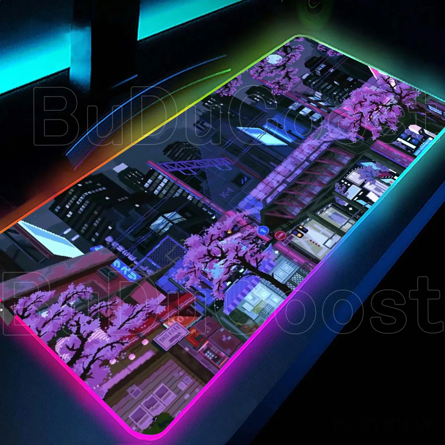 RGB Retro Mouse Pad Neon Japanese Street Pixel Art Anime Skyline City Desk Mat LED Gaming MousePad Large Size Keyboard Accessory