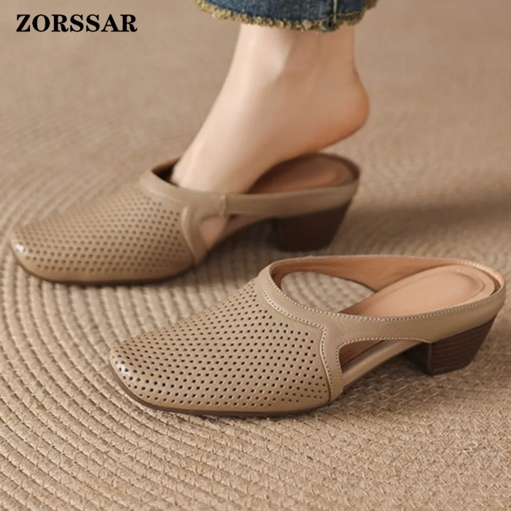 

Women Genuine Leather Hollow Out Mule Sandals Chunky Block Heel Closed Square Toe Slip-On Breathable Casual Summer Slippers