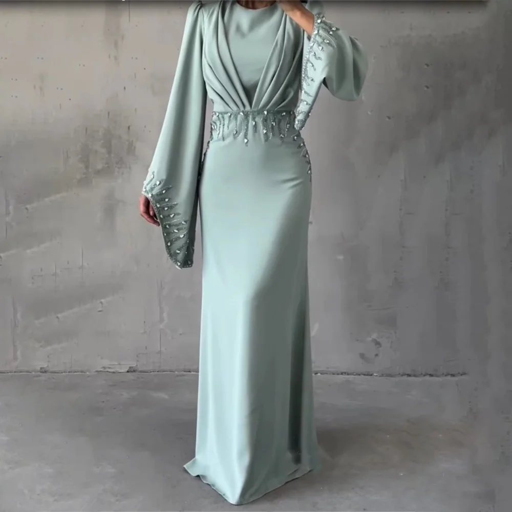 تخصيص رائعة Ruched الديكور المرأة حفلة موسيقية فستان طويل الأكمام الساحرة ألف خط الخامس الرقبة فستان الحفلات الكشكشة المرأة ثوب مسائي #1