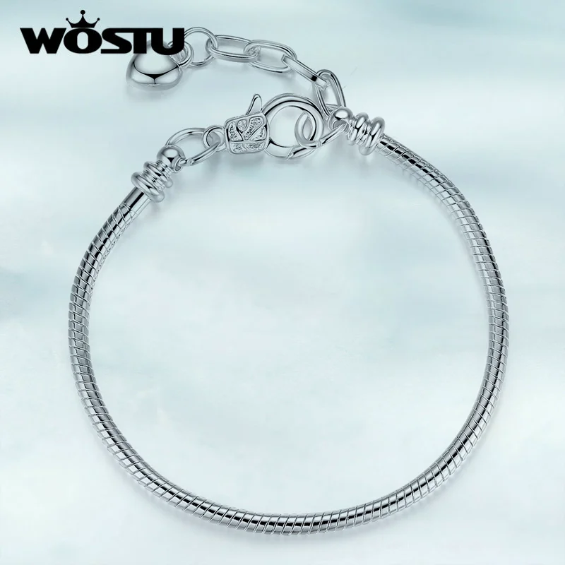 WOSTU High Quality Snake Chain Bracelet Jewelry for Women With Heart Lobster Clasp Fit Beads Charm Bracelet XCH9002