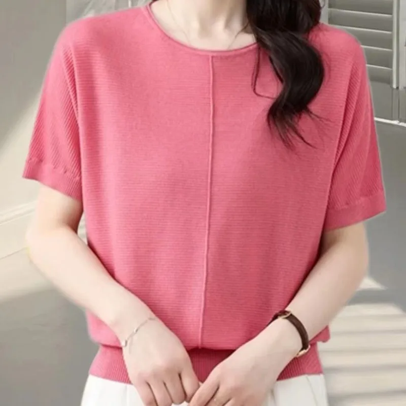 Minimalist Office Lady Summer Thin T-Shirts Women Round Neck Solid Color Jacquard Fashion Casual Loose Short Sleeve Knit Tops