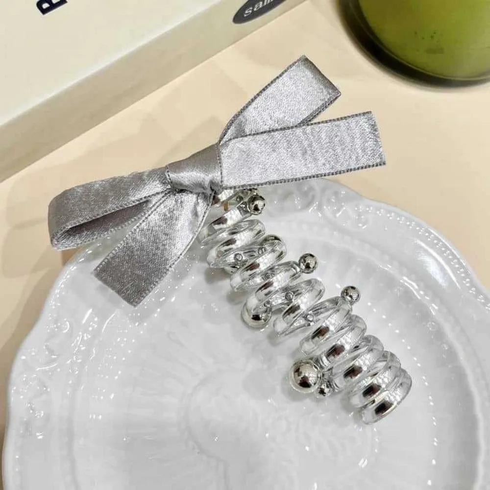Stretchable Silver Bowknot Elastic Hair Band Bubble Braid Hair Accessories Telephone Wire Hair Tie Spiral Rubber Band Women