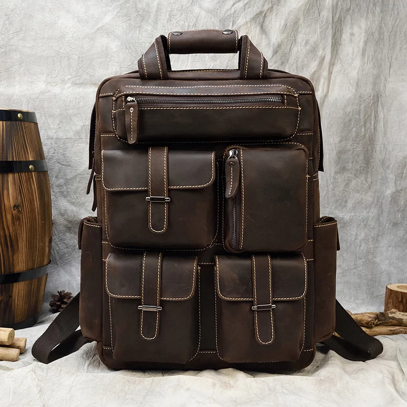 

Genuine Leather Man Backpack Casual cow Leather 16 inch laptop Rucksack School Bag extra large Cowhide Daypack big tavel bag