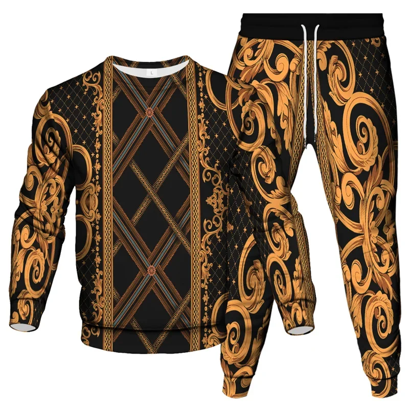 Baroque Style Vintage Luxury Royal Leopard Printing Golden Flower Men Women Tracksuit Sweatshirt Pants 2 Piece Sets Clothes Suit