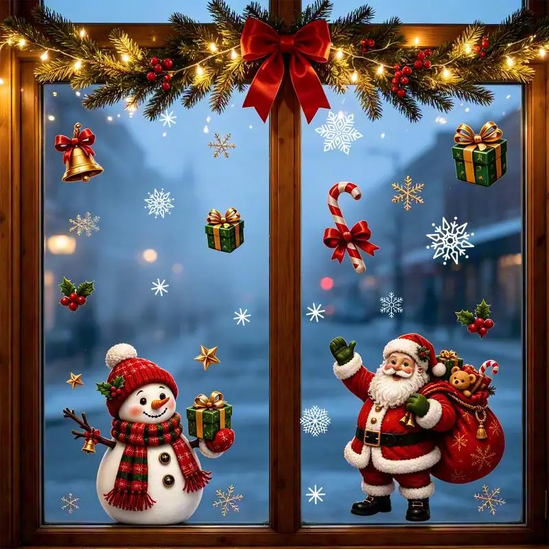 Christmas Window Wall Decal Sticker 1/2/4 Sheets Cartoon Snowflake Snowman Santa Claus for Storefront Xmas Decor