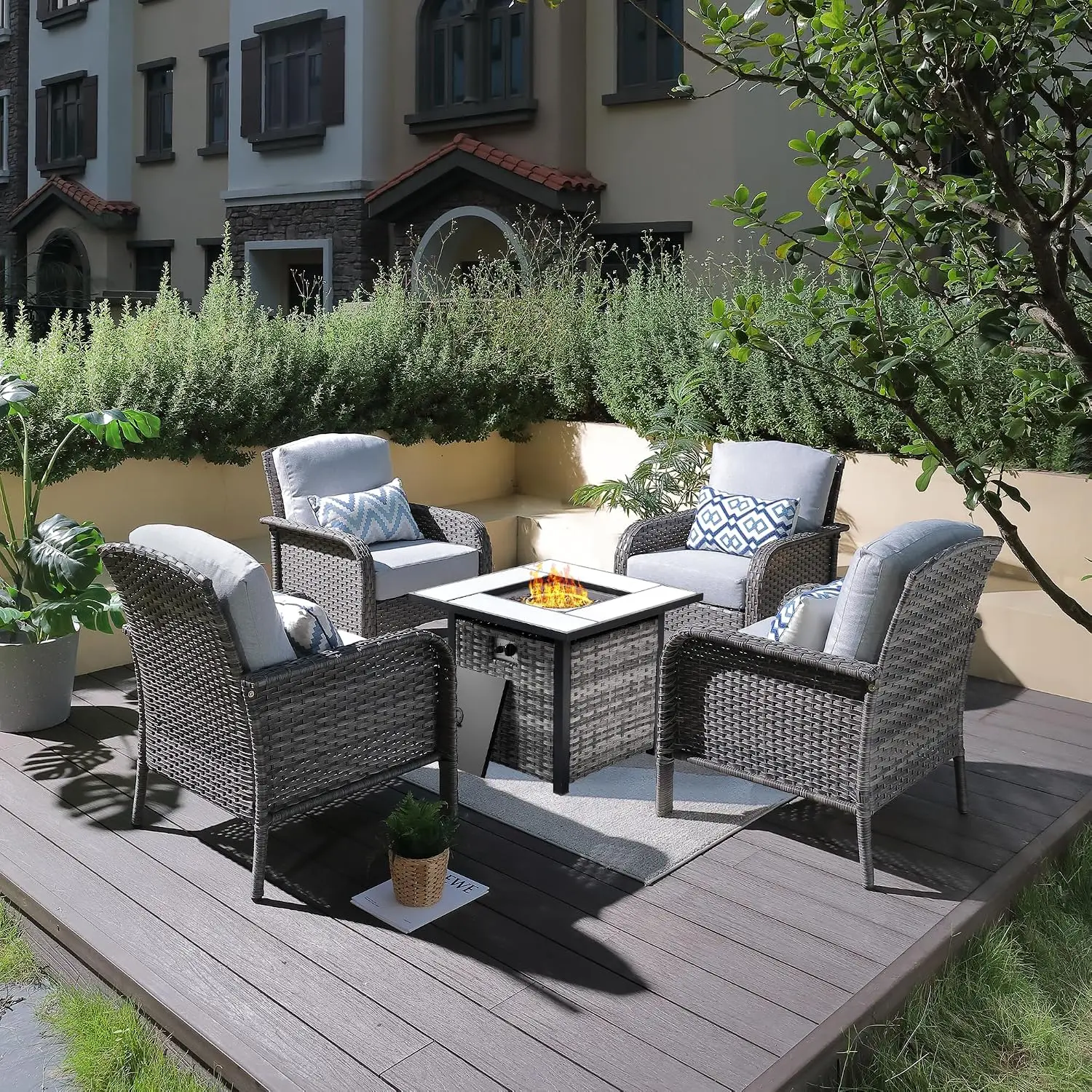 High Back Wicker Patio Sofa Set with Fire Pit Table & Comfy Cushions for Porch Yard Deck, 5-Piece, Grey, Customized