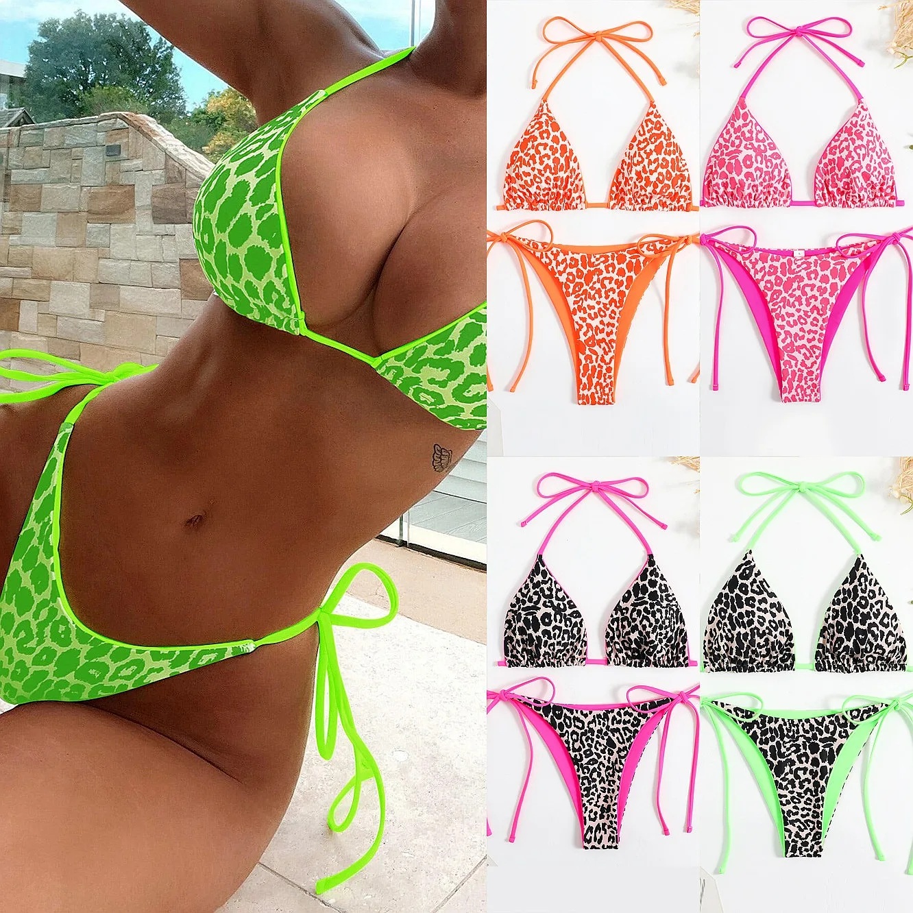 2026 Leopard Print Double Side Backless Two Piece Sexy Bikini Set Padded Swimwear For Women Summer Beach Pool Bathing Wear
