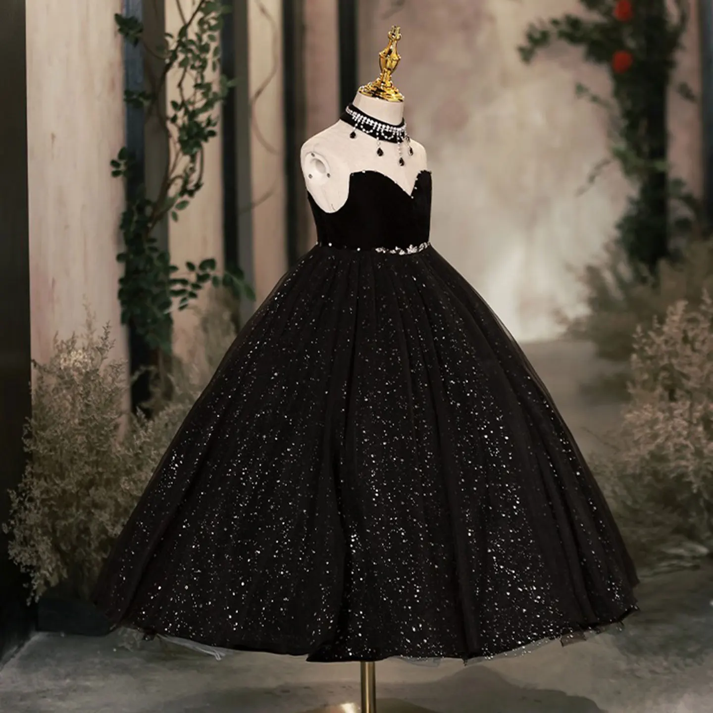 Jill Wish Elegant Dubai Black Girl dresses High-Neck Beadeds Arabic Princess Kids Birthday Wedding Party Ball Gown J106