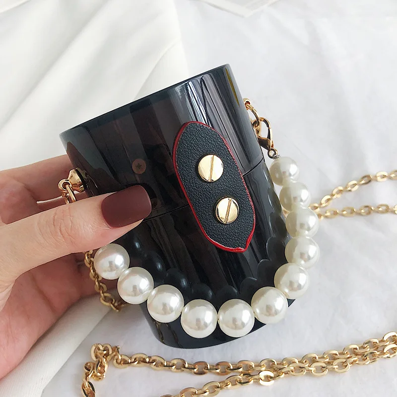 Acrylic Transparent Bucket Bag New Fashion Personalized Chain Single Shoulder Crossbody Mini Pearl Mouth Red Bag