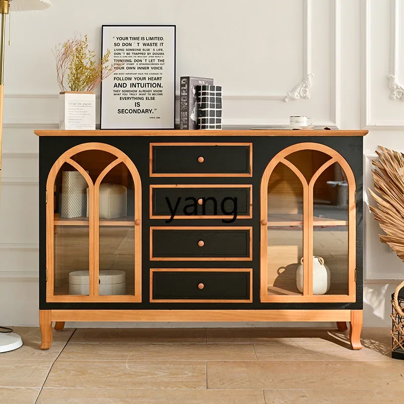 

LMM solid wood dining side cabinet retro glass door decoration against the wall low cabinet storage