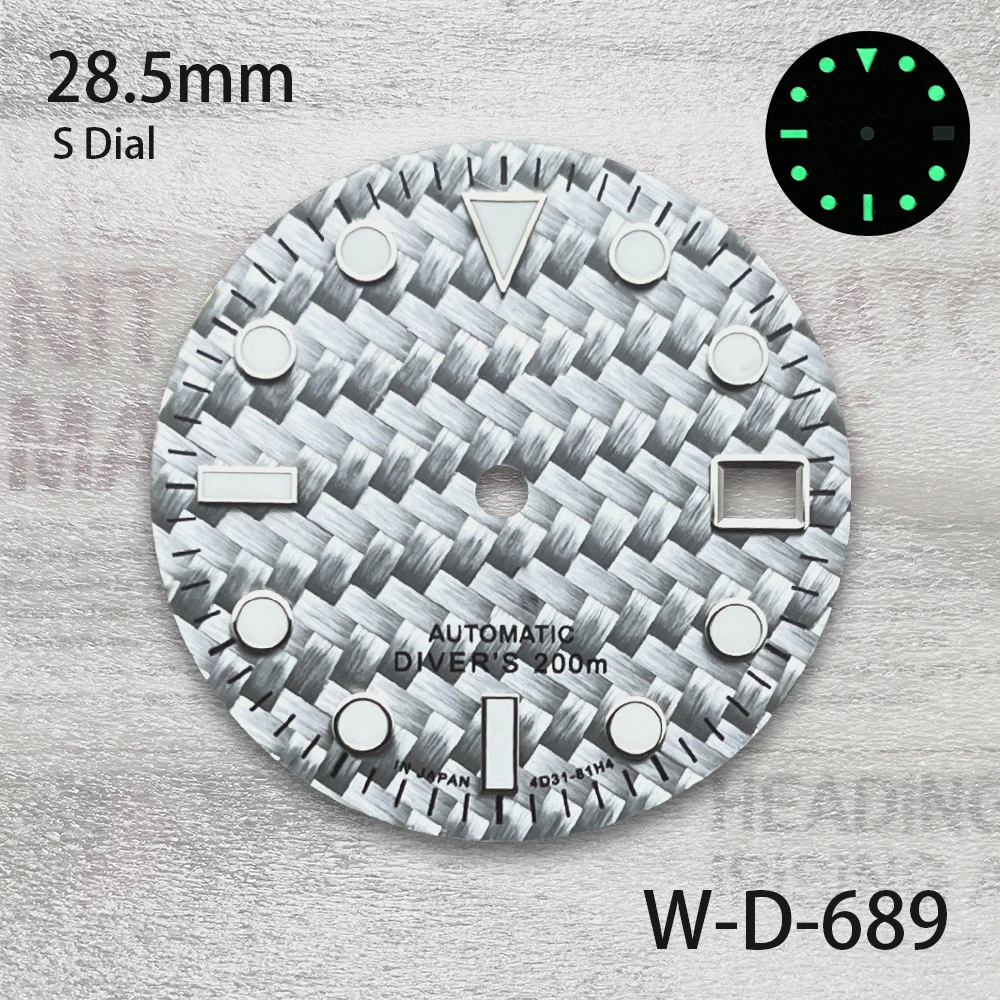 Esfera de fibra de carbono con logotipo S de 28,5mm compatible con movimiento NH35/NH36/4R/7S verde luminoso nuevo accesorios de modificación de reloj de esfera de alta calidad