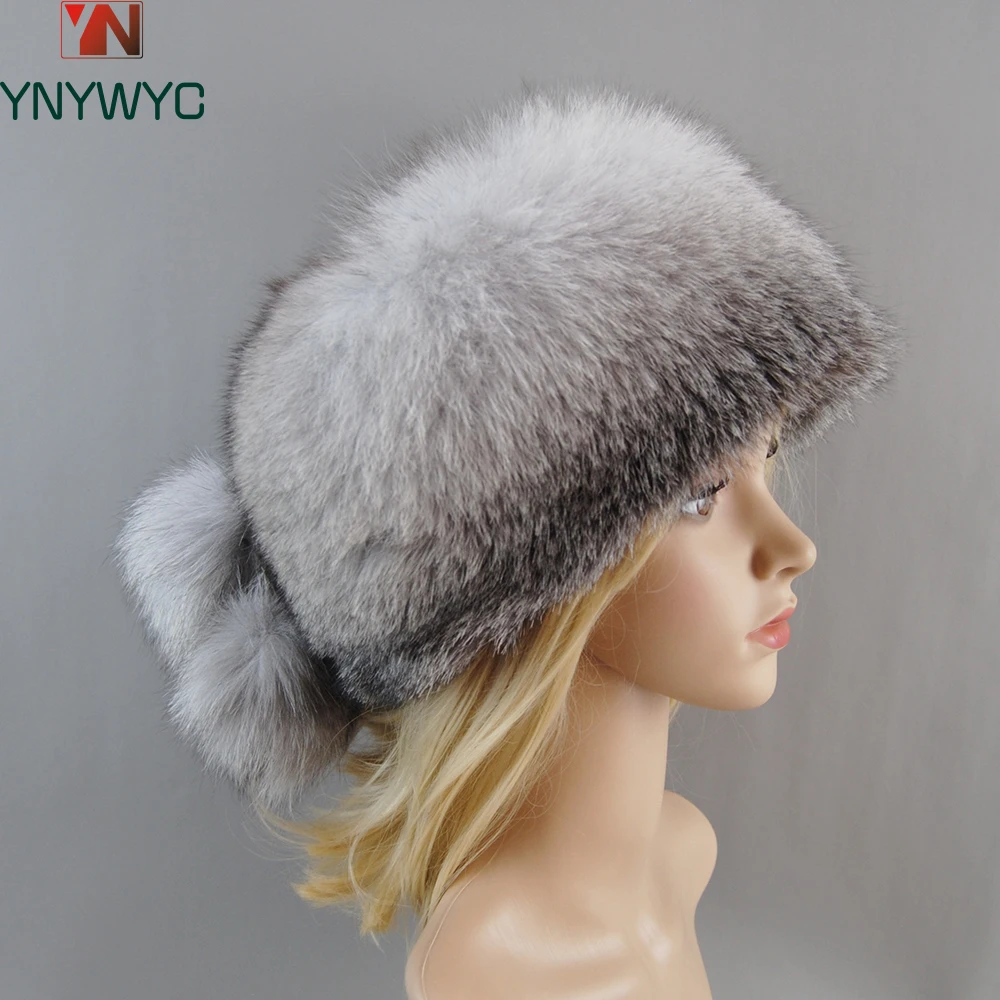 Winter Women Fur Cap Headgear Russian Outdoor Girls Beanies Cap Ladies Warm Fashion Bomber Hat Real Genuine Natural Fox Fur Hats