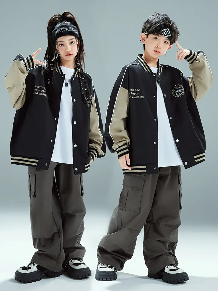 Kids Hip Hop Sets Mlb Letter Print Long Sleeve Jacket + Loose Pants Boys Street Dance Costume Girls Jazz Performance Suit