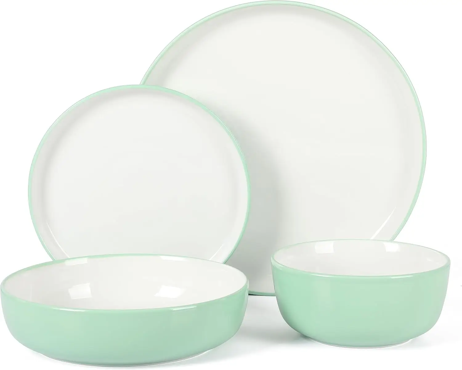 6 Piece Two-Tone Porcelain Chip and Scratch Resistant Dinnerware Plates and Bowls Set - Green/White