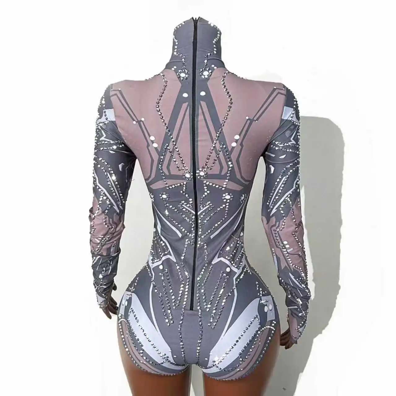 زي أداء المسرح باللون الأخضر اللامع والرمادي اللامع من حجر الراين قابل للتمدد للنساء ملابس داخلية للنوادي الليلية والحفلات الراقصة ملابس الملكة السحب