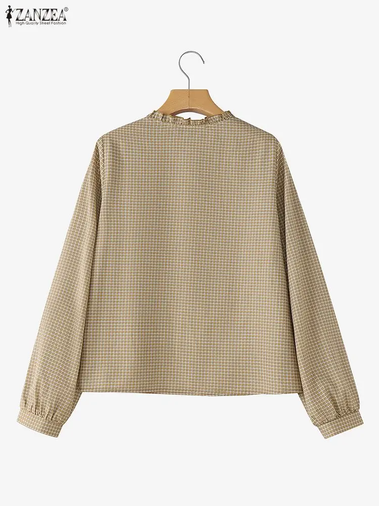 Zanzea blusas femininas xadrez primavera 2026 casual manga longa babados com decote em v meio botões guingão topos vintage verificado roupas femininas