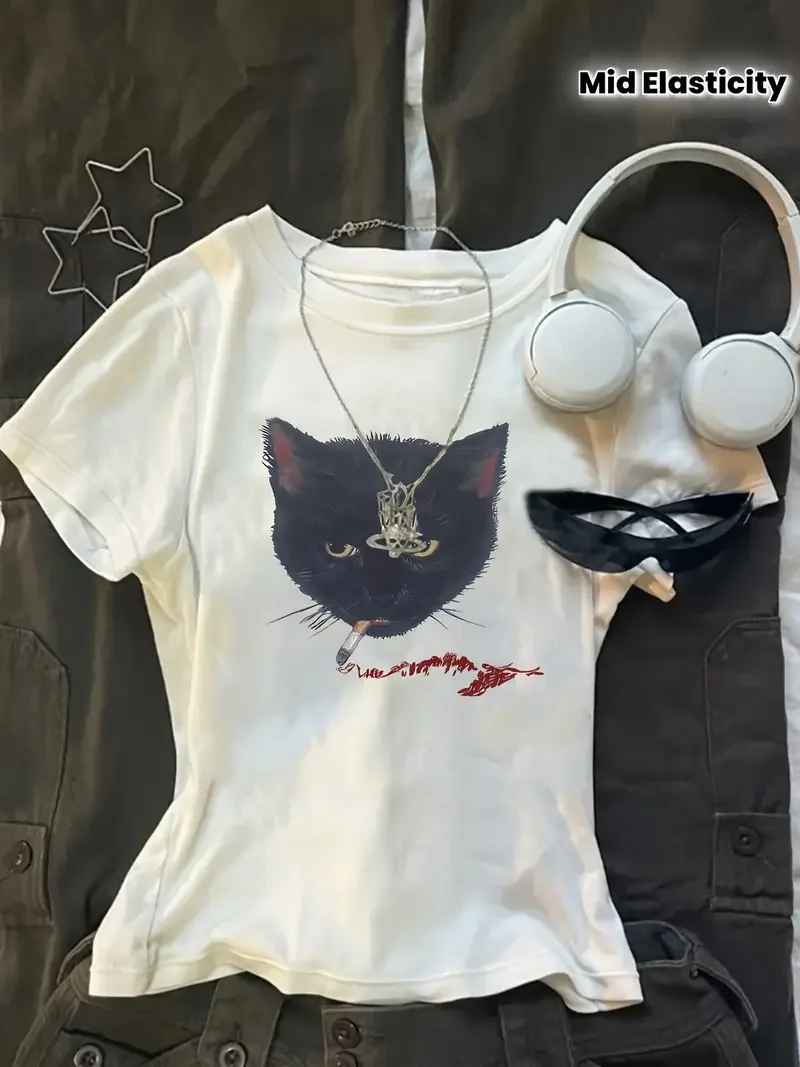 

Summer Harajuku Letter Graphic T Shirts Y2k Tops Black Cat Print Women Oversized T Shirt Streetwear Vintage Tee Clothing