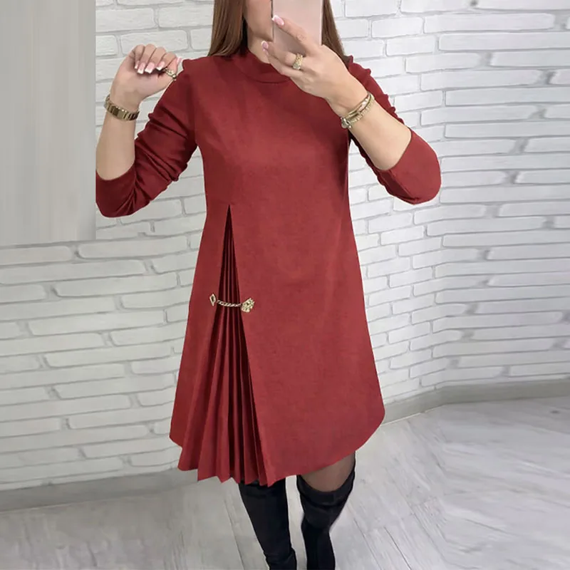 2026 Spring Sexy O Neck Patchwork Pleated Dress Woman Elegant Solid Slim A-Line Party Dress Autumn Long Sleeve Female Mini Dress - Image 6