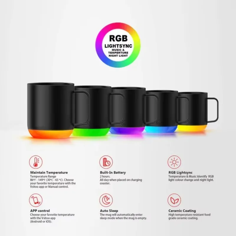 16Oz/360ml Smart Application Stainless Steel Controlled Temperature Heating Coffee RGB Digital Display Mug