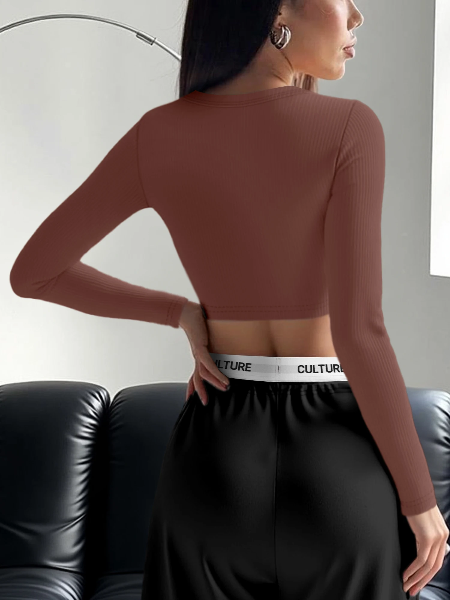 Grunge Y2K Slim Ribbed Cropped Tee Women Low U Neck Long Sleeve Stretchy Knit Going Out Club Blouse